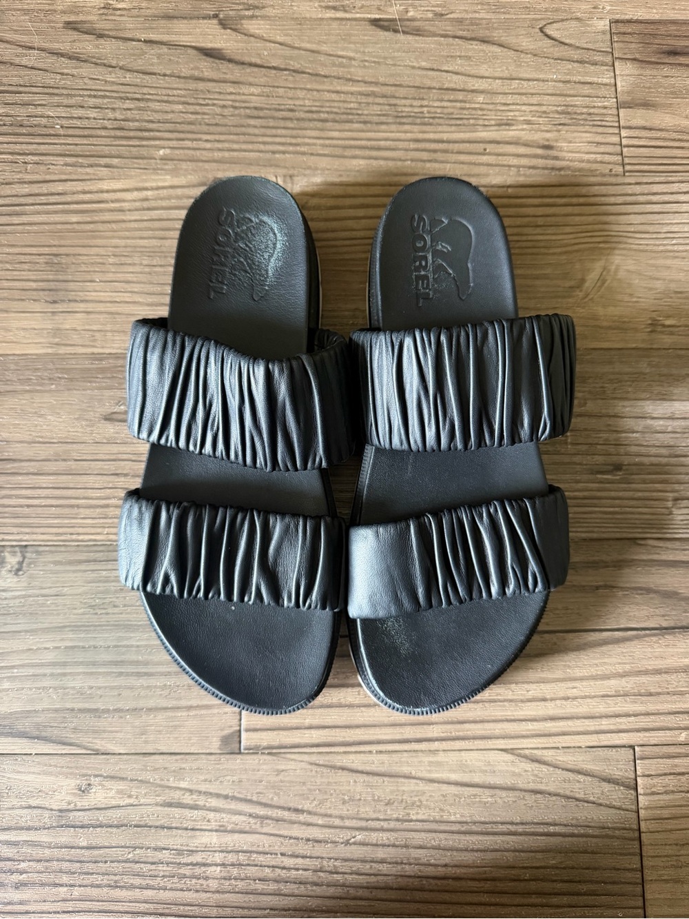 Sorel Black Double-Ruched Slide Sandals